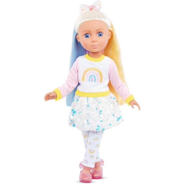 Glitter Girls 14 inch Hair Play Doll Blue Eyes Tricolor Hair plush and Rainbow Top Print Leggings Sequin Skirt Hair Bow 3 Years Laica From first day of motherhood